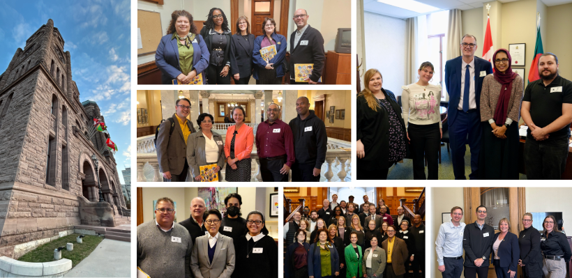 UFCW union members pictured with various MPPs while visiting the Ontario Legislature. 