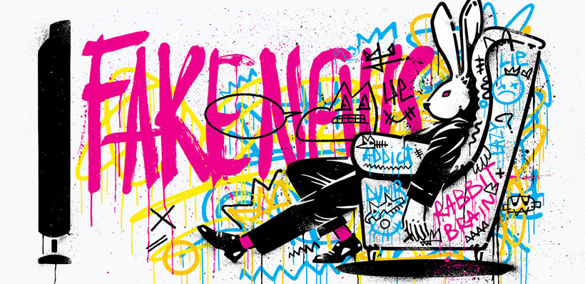 Fake News graffiti cartoon of a rabbit watching tv sitting in an armchair. Fake news graffiti cartoon of a rabbit watching tv sitting in an armchair.